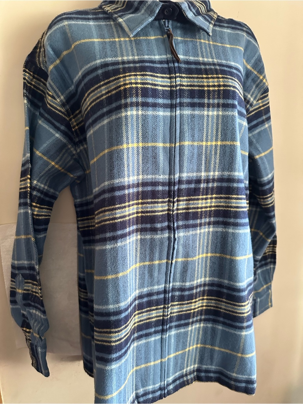 Denim & Co Blue Plaid Full Zip Flannel Shirt Jacket 100% Cotton NWT L